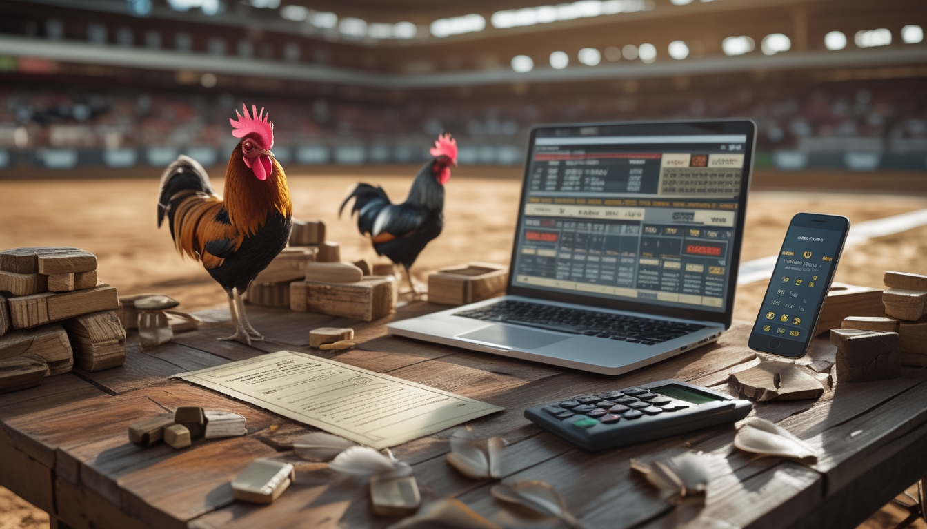 Meja dengan peralatan taruhan sabung ayam tradisional dan modern, termasuk laptop, kalkulator, bulu ayam, dan kertas taruhan.