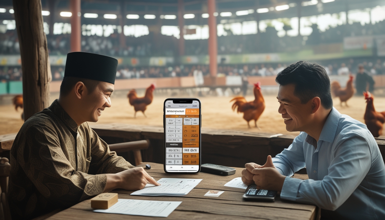 Dua pria berdiskusi di meja dengan alat taruhan tradisional dan ponsel pintar, latar belakang arena sabung ayam dengan ayam bertarung dan penonton ramai.