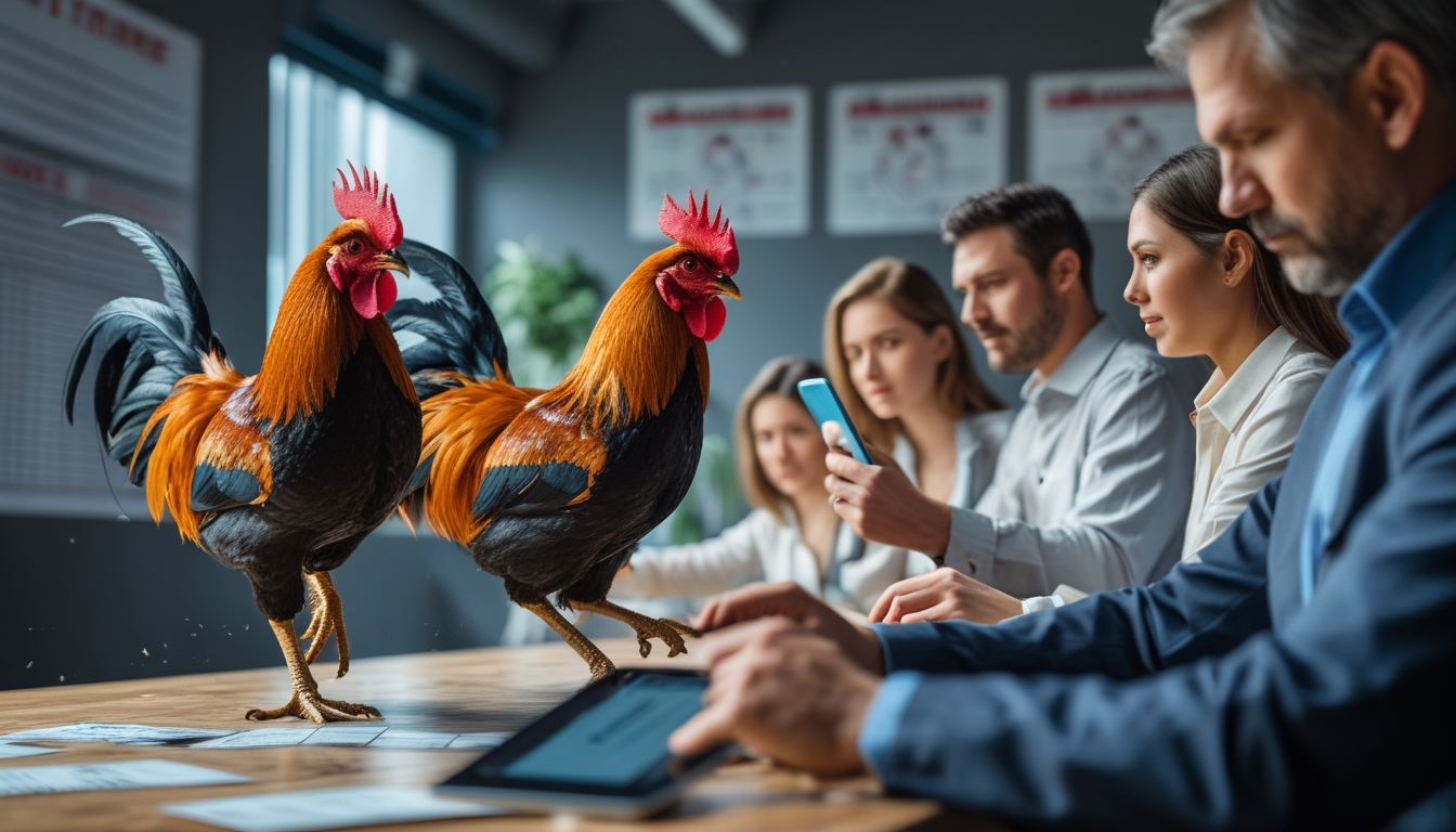 Sejumlah orang mengamati dan memasang taruhan pada dua ayam jago yang sedang bertarung di dalam ruangan.