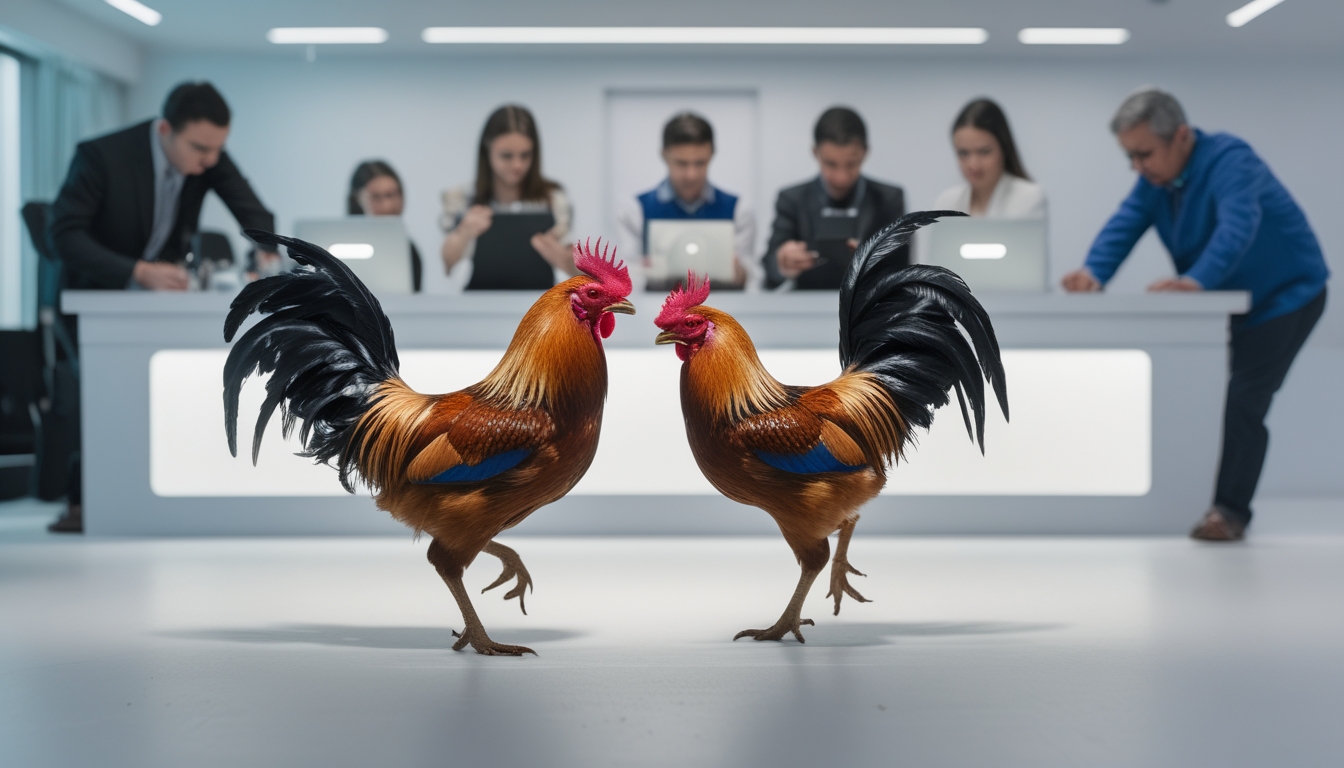 Dua ayam jago sedang bertarung dengan beberapa orang mengamati dan memasang taruhan menggunakan perangkat digital.