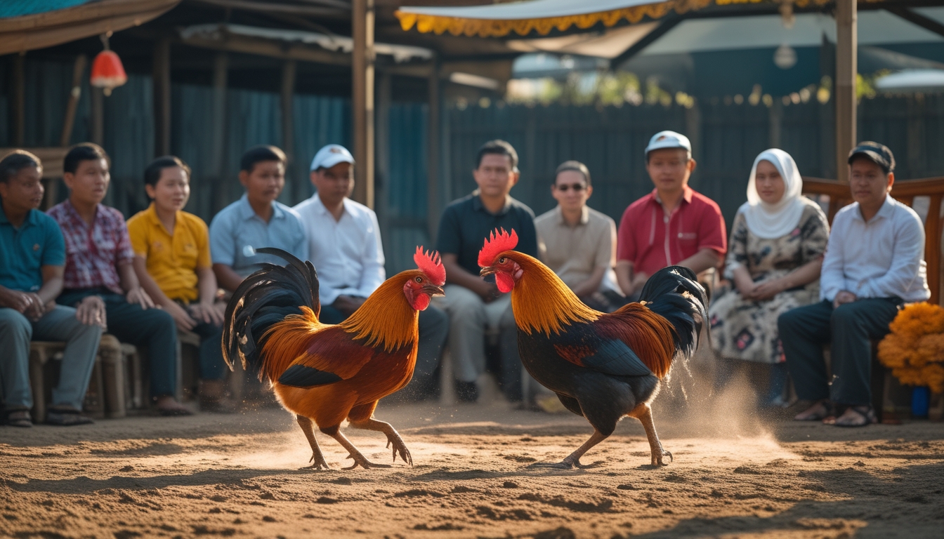Dua ayam jantan bertarung di arena dengan penonton yang memperhatikan dari sekitar.