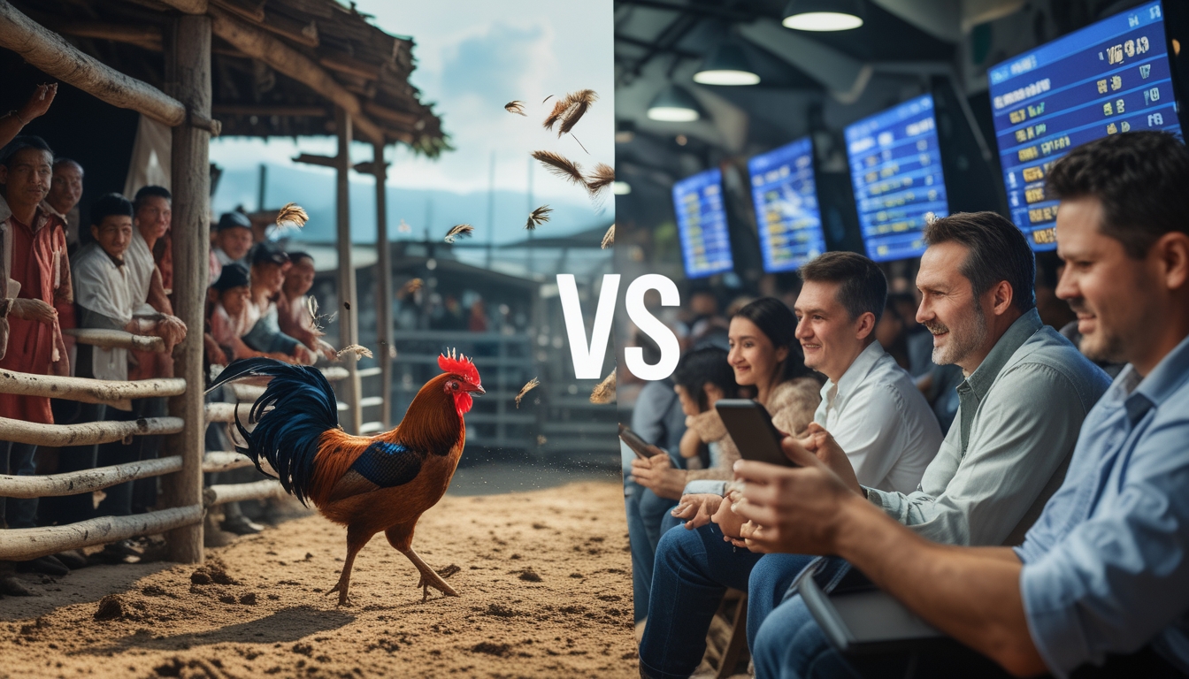Dua adegan sabung ayam yang berbeda, satu di arena tradisional terbuka dengan penonton lokal, dan satu di tempat modern dengan layar digital dan orang-orang menggunakan perangkat elektronik.