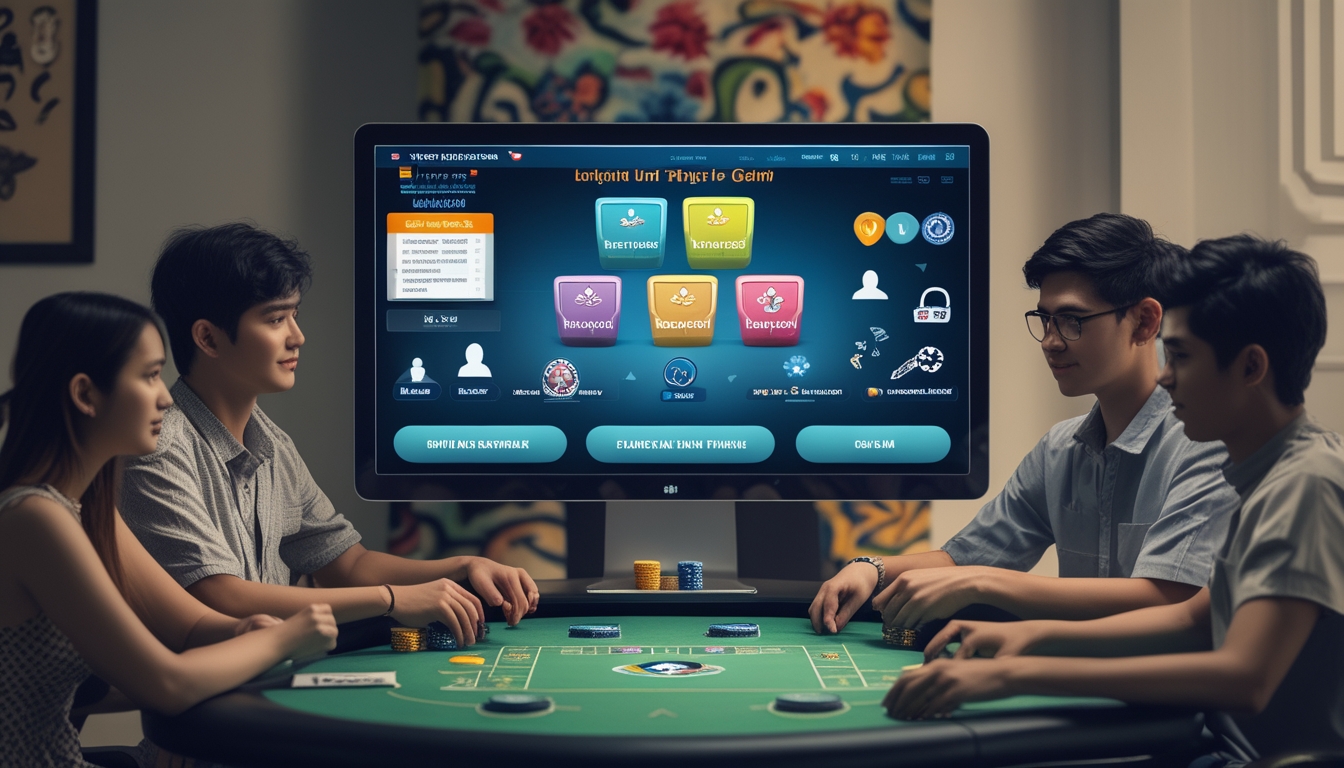 Sekelompok orang muda bermain poker online di depan layar komputer dengan suasana yang aman dan nyaman.