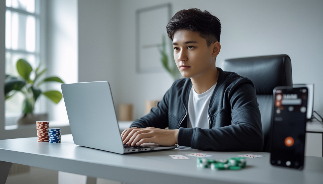 Seseorang duduk di depan laptop di ruang kerja yang rapi dengan kartu remi dan chip poker di meja.