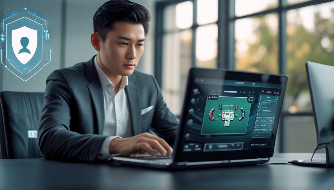 Seorang pria Asia Tenggara duduk di depan laptop dengan tampilan permainan poker online di layar, di sebuah kantor modern yang terang dan rapi.