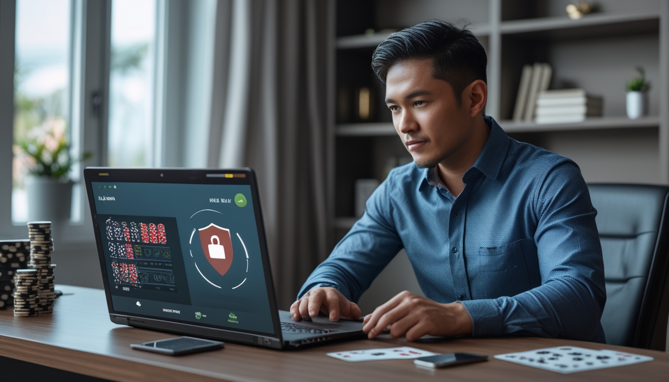 Seorang pria Indonesia duduk di meja dengan laptop yang menampilkan permainan poker online, di sekitarnya terdapat chip poker dan kartu remi.