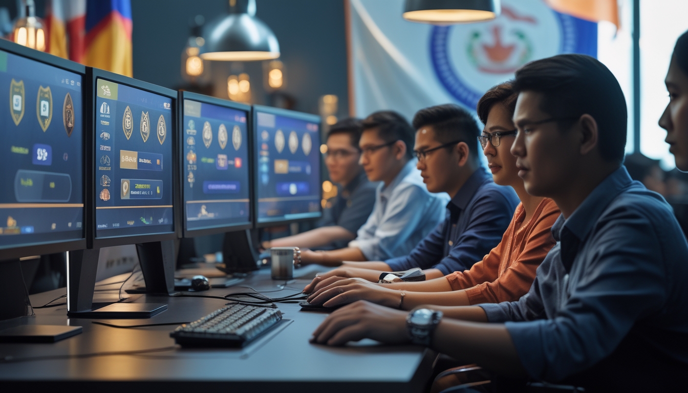 Orang-orang sedang bermain poker online di depan komputer dengan suasana yang aman dan profesional.