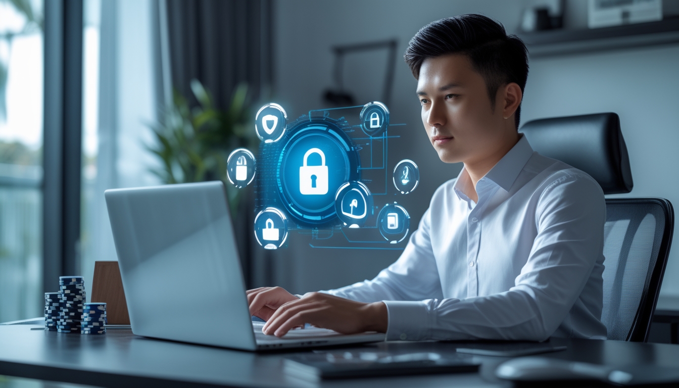 Seorang pria muda sedang duduk di depan laptop dengan tampilan permainan poker dan ikon keamanan digital di ruang kerja modern.