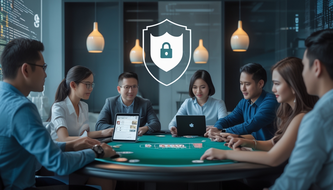 Beberapa orang bermain poker online menggunakan laptop dan tablet di meja dengan simbol keamanan digital di latar belakang.