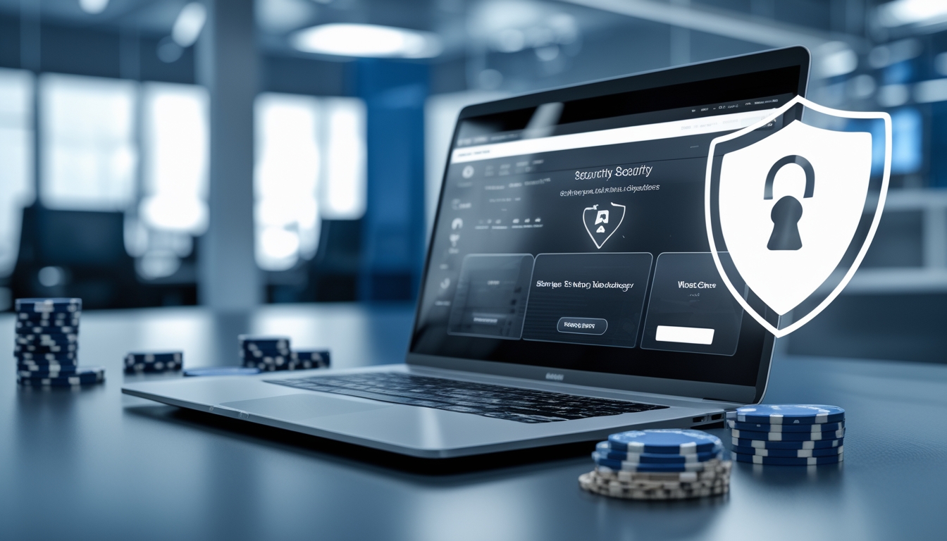 Seorang laptop di meja dengan tampilan situs poker online dan simbol keamanan digital di latar belakang.