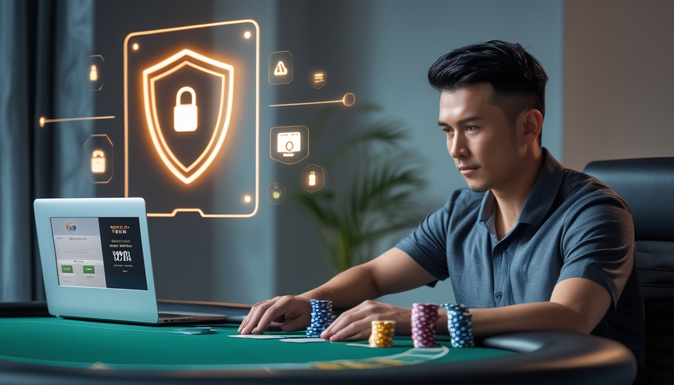 Seorang pria duduk di meja poker dengan kartu dan chip, tampak fokus dan percaya diri dalam suasana yang aman dan modern.