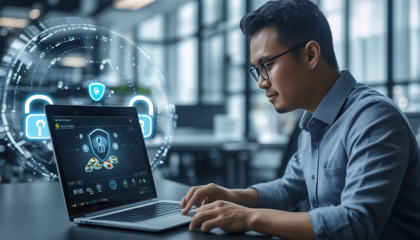 Seorang pria Indonesia duduk di depan laptop di kantor modern, fokus pada permainan poker online dengan ikon keamanan digital di layar.