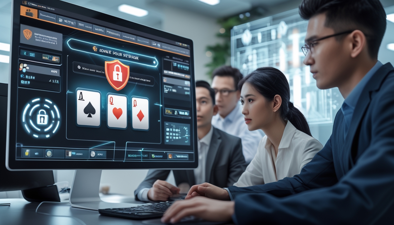 Beberapa profesional sedang melihat layar komputer yang menampilkan permainan poker online dengan ikon keamanan di kantor modern.