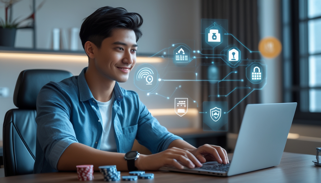 Seorang pria muda duduk di meja modern bermain poker online dengan laptop di ruang kerja yang terang dan rapi, dengan simbol keamanan digital di sekitar layar.
