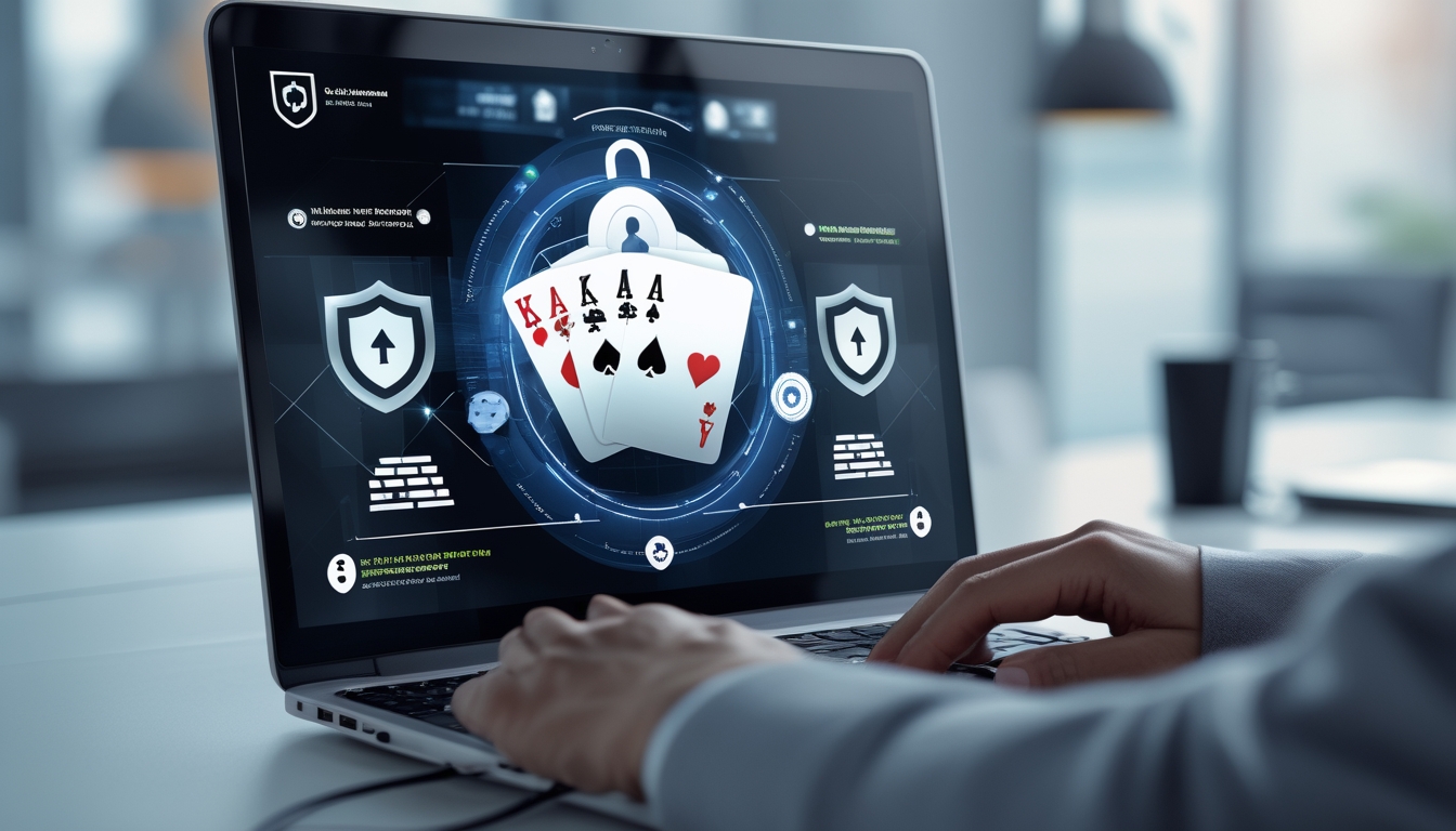 Tangan seseorang menggunakan laptop dengan tampilan kartu poker dan simbol keamanan di layar.