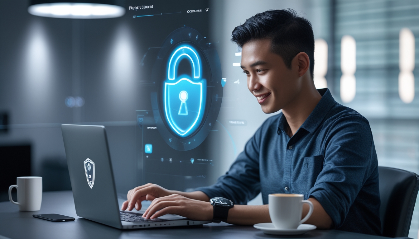 Seorang pria muda Indonesia duduk di meja dengan laptop, sedang mendaftar di situs poker online terpercaya dengan suasana yang aman dan nyaman.