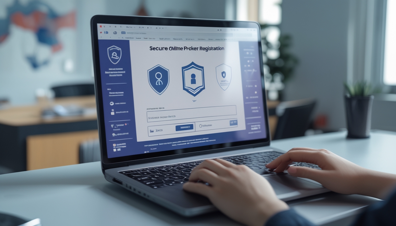Tangan seseorang sedang mengetik di laptop dengan layar formulir pendaftaran online yang aman di ruang kerja yang rapi dan terang, dengan dekorasi khas Indonesia di latar belakang.