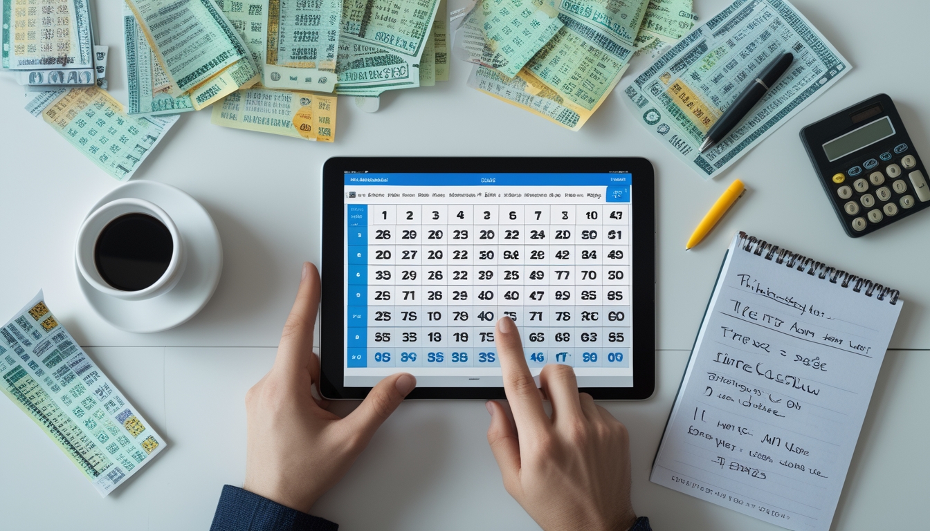Seseorang sedang menganalisis angka togel dengan tablet dan tiket togel di atas meja kerja yang terang.