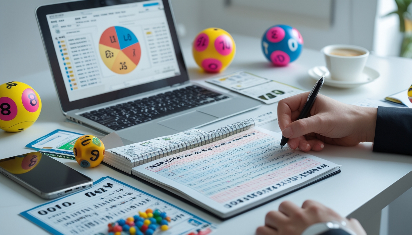 Meja kerja dengan laptop, catatan angka, tiket lotre, bola angka 2D, 3D, 4D, dan ponsel yang menampilkan aplikasi lotre.