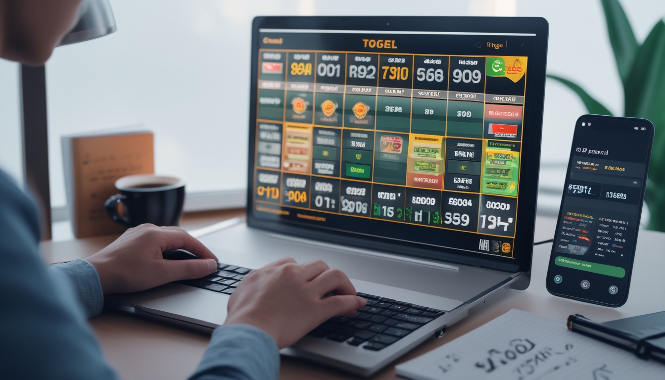 Seseorang sedang menggunakan komputer dengan tampilan permainan togel online dan catatan strategi di meja.