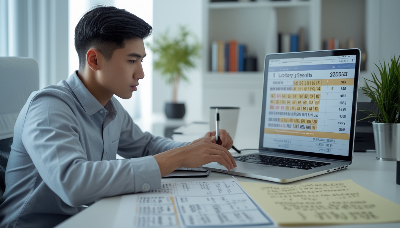 Seorang pria muda duduk di meja kerja sambil melihat layar laptop dan mencatat hasil togel dengan tiket dan catatan di sekitarnya.