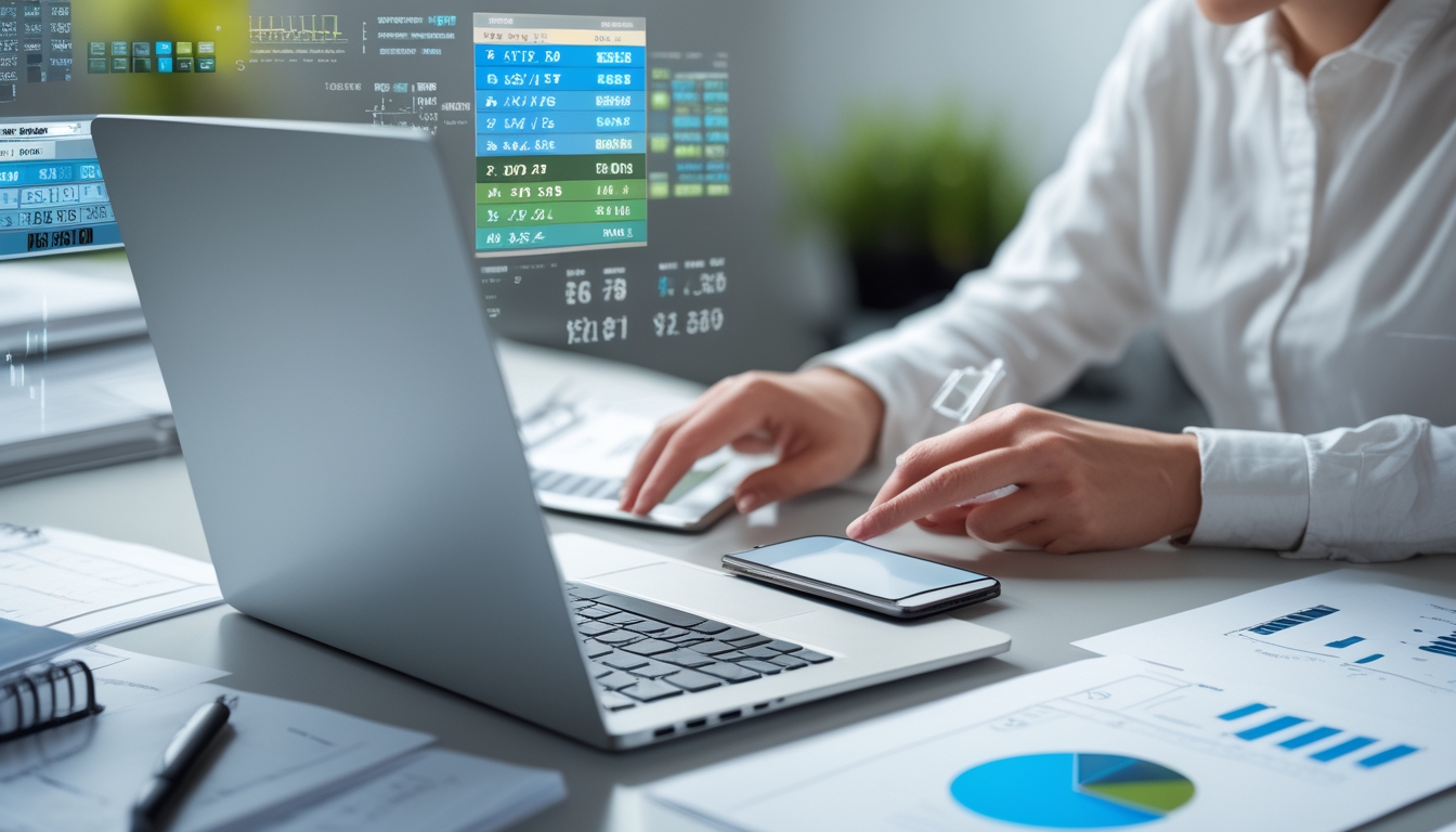 Seorang individu sedang bekerja di meja dengan laptop, ponsel, dan kertas berisi data angka dan grafik.