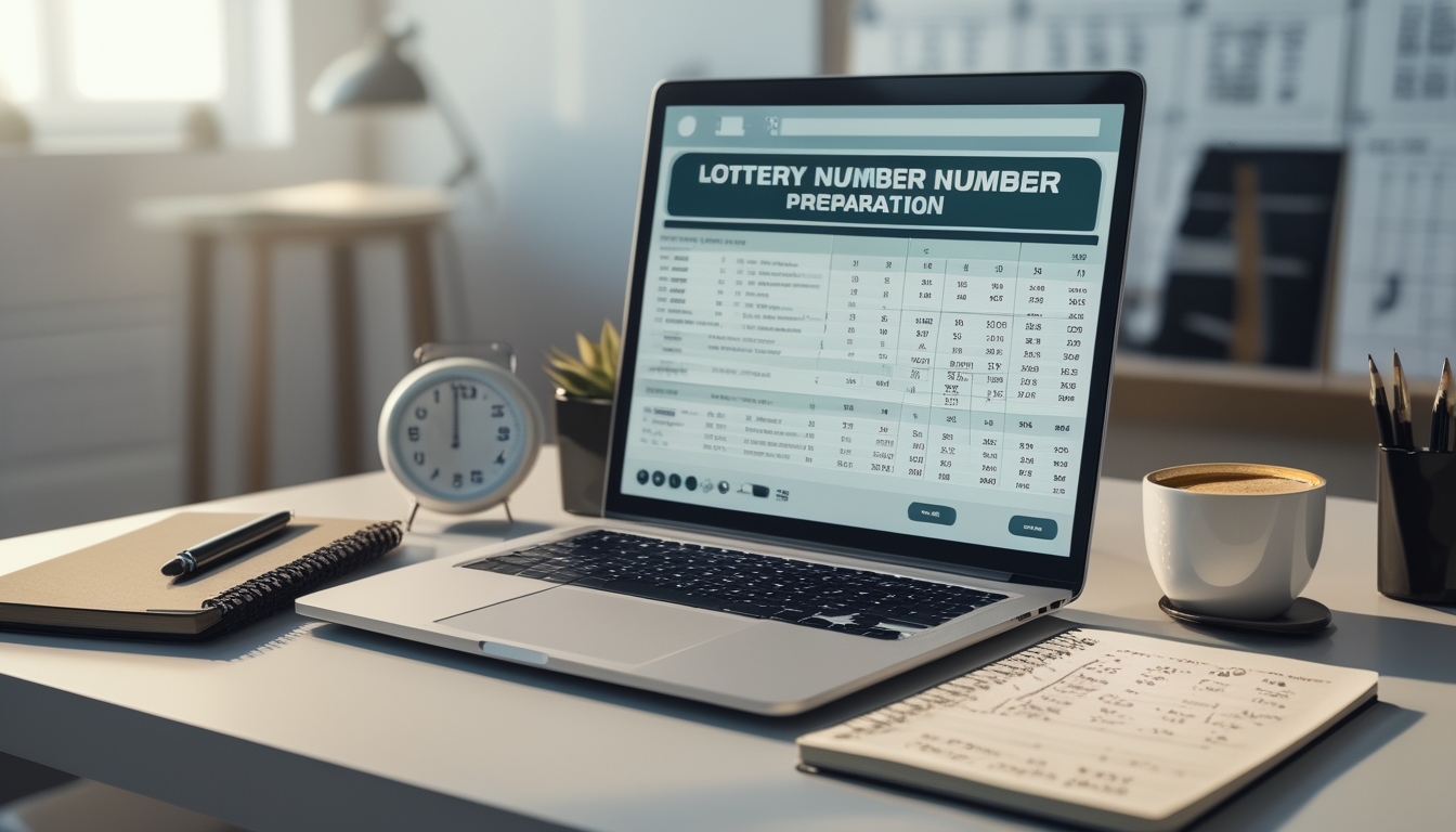 Meja kerja dengan laptop, buku catatan, pena, dan kopi yang menunjukkan suasana persiapan dan analisis angka togel.