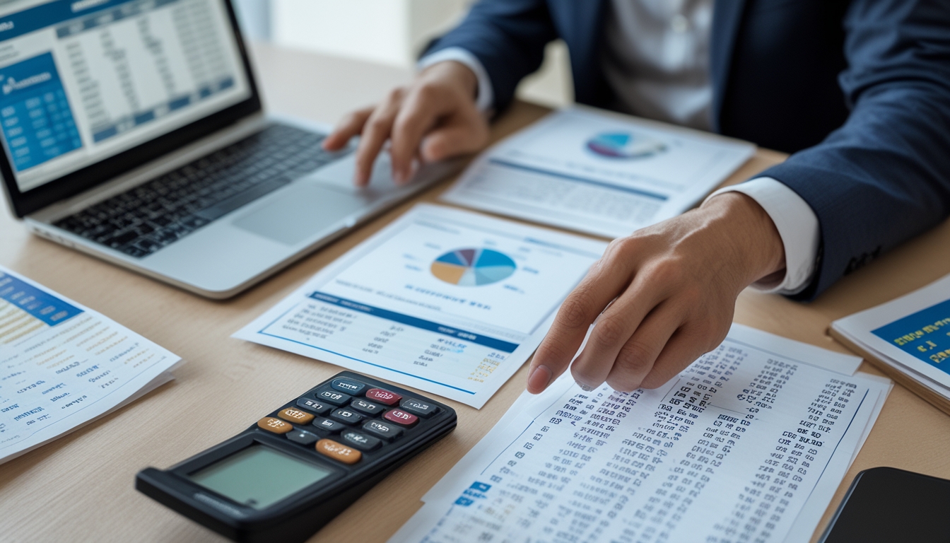 Meja kerja dengan laptop, kertas berisi angka, kalkulator, dan tangan seseorang yang sedang menganalisis data angka togel.