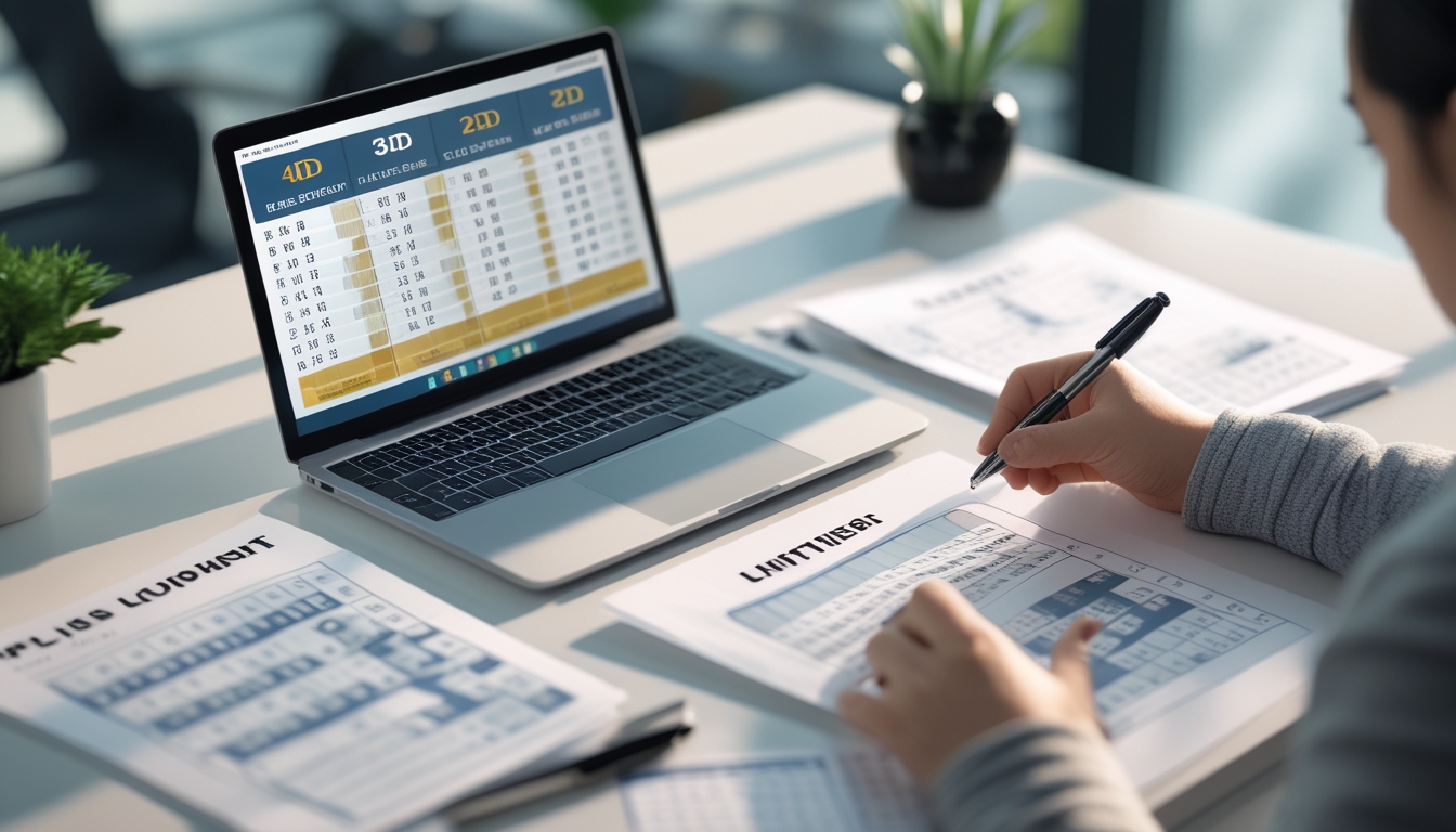 Meja kerja dengan laptop, kertas berisi angka, dan tangan seseorang yang sedang menganalisis data taruhan togel.