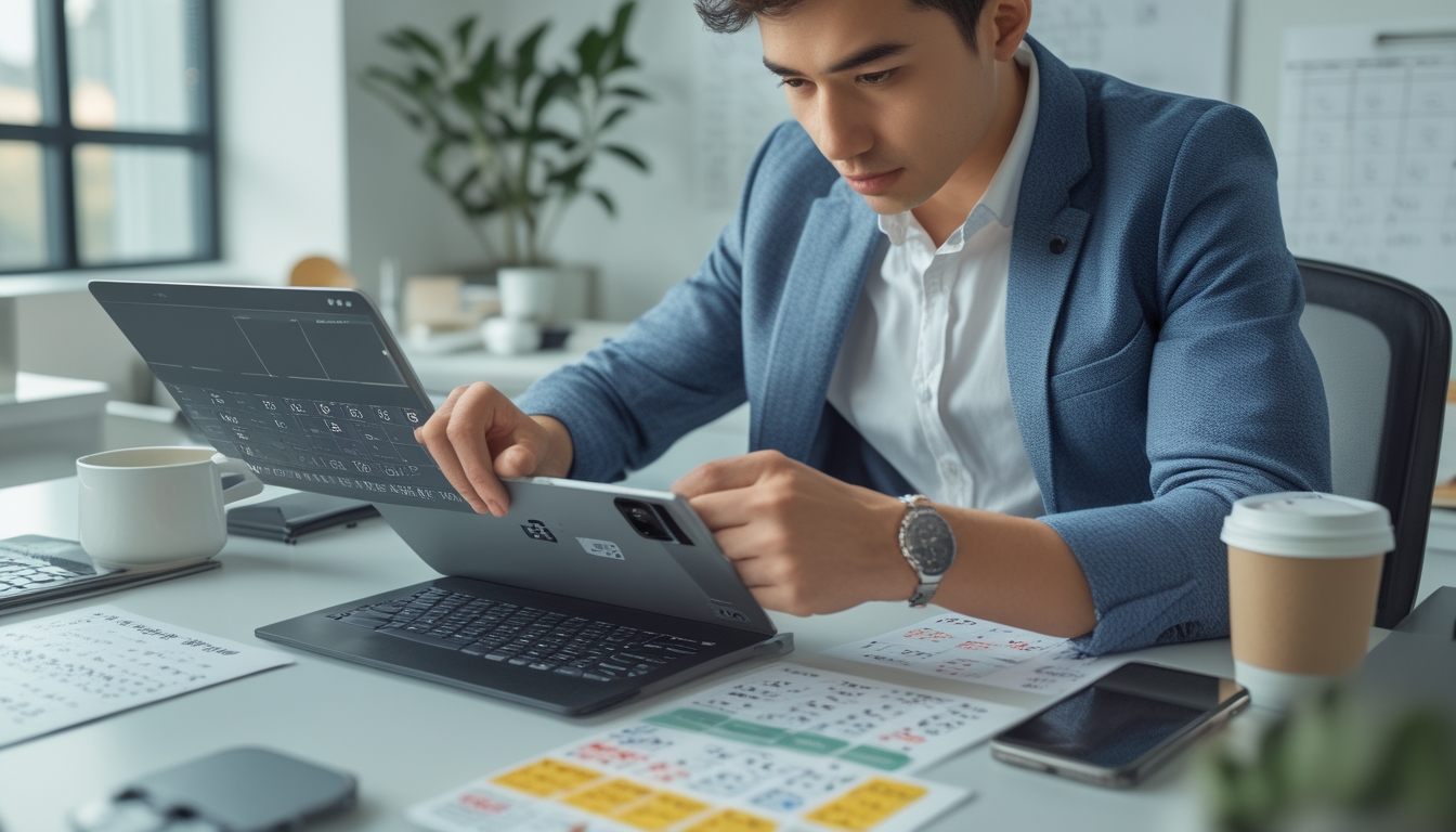 Seseorang sedang menganalisis angka togel di tablet dan laptop di meja kerja yang rapi dengan suasana kantor modern.