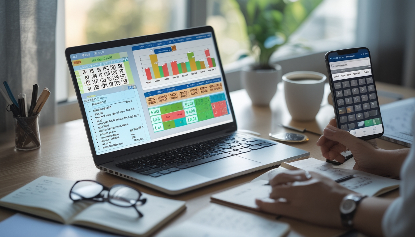 Meja kerja dengan laptop yang menampilkan grafik dan catatan tentang statistik togel, dilengkapi dengan smartphone dan alat tulis.