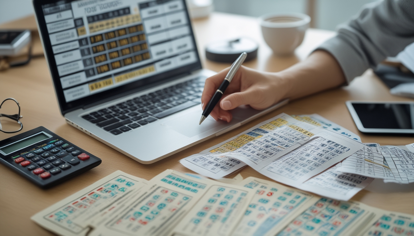 Seseorang duduk di meja dengan tiket togel dan laptop, sedang menganalisis hasil angka togel dengan alat tulis dan kalkulator di sekitar meja.