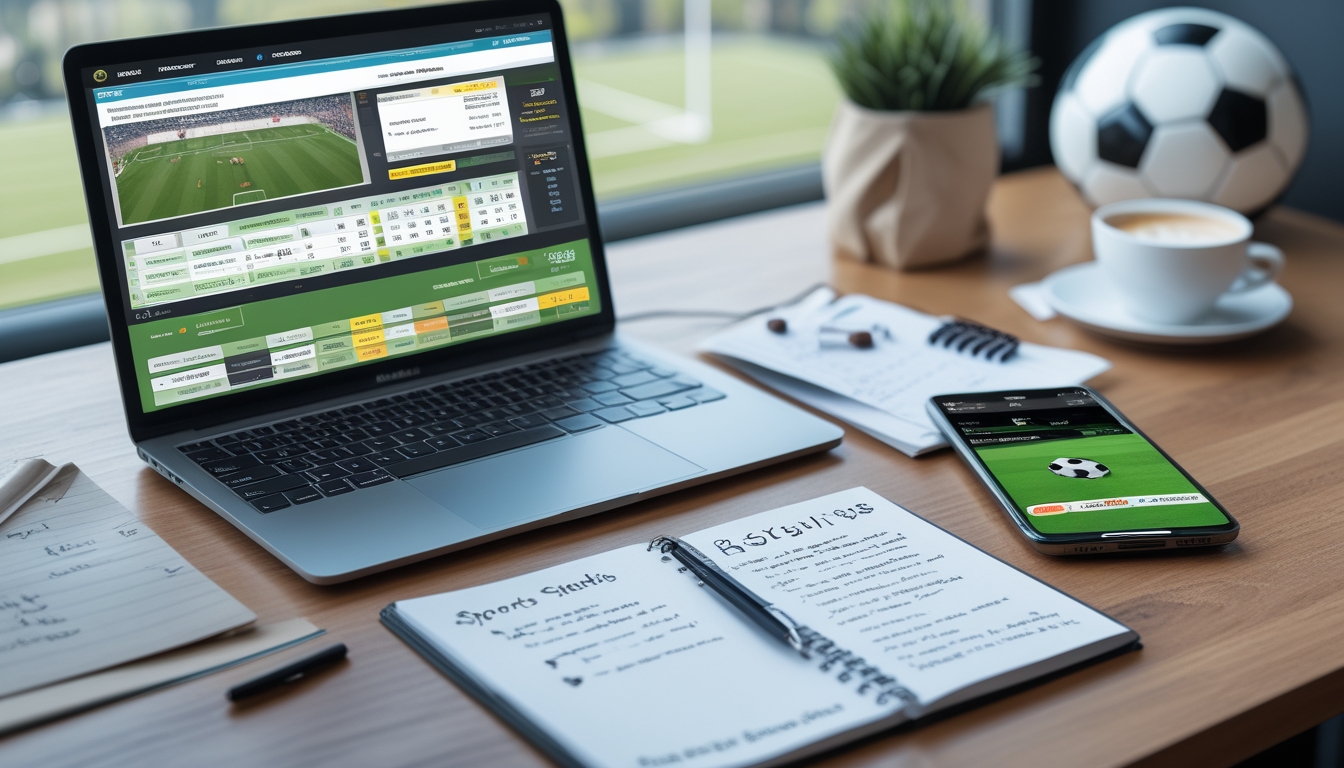 Meja kerja dengan laptop yang menampilkan statistik sepak bola dan analisis odds, notepad dengan catatan, smartphone memutar pertandingan sepak bola, bola sepak di latar belakang, dan secangkir kopi.