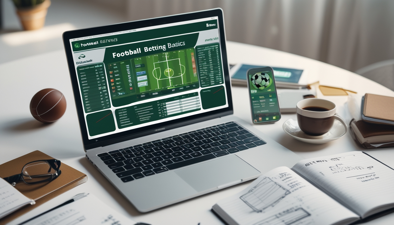 Meja kerja dengan laptop, ponsel, dan buku catatan yang menampilkan statistik dan analisis taruhan sepak bola.