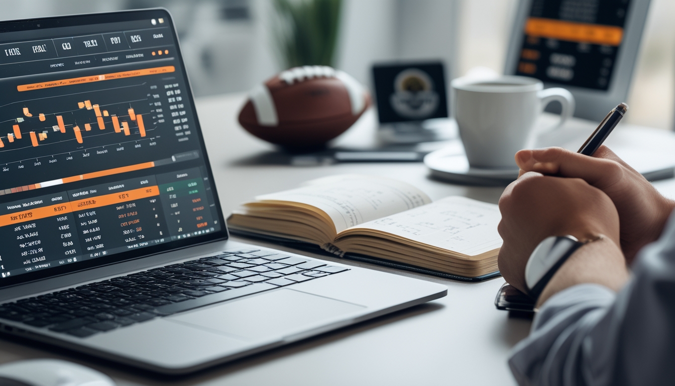 Seseorang sedang menganalisis data taruhan sepak bola online di depan laptop dengan catatan dan bola sepak di meja.