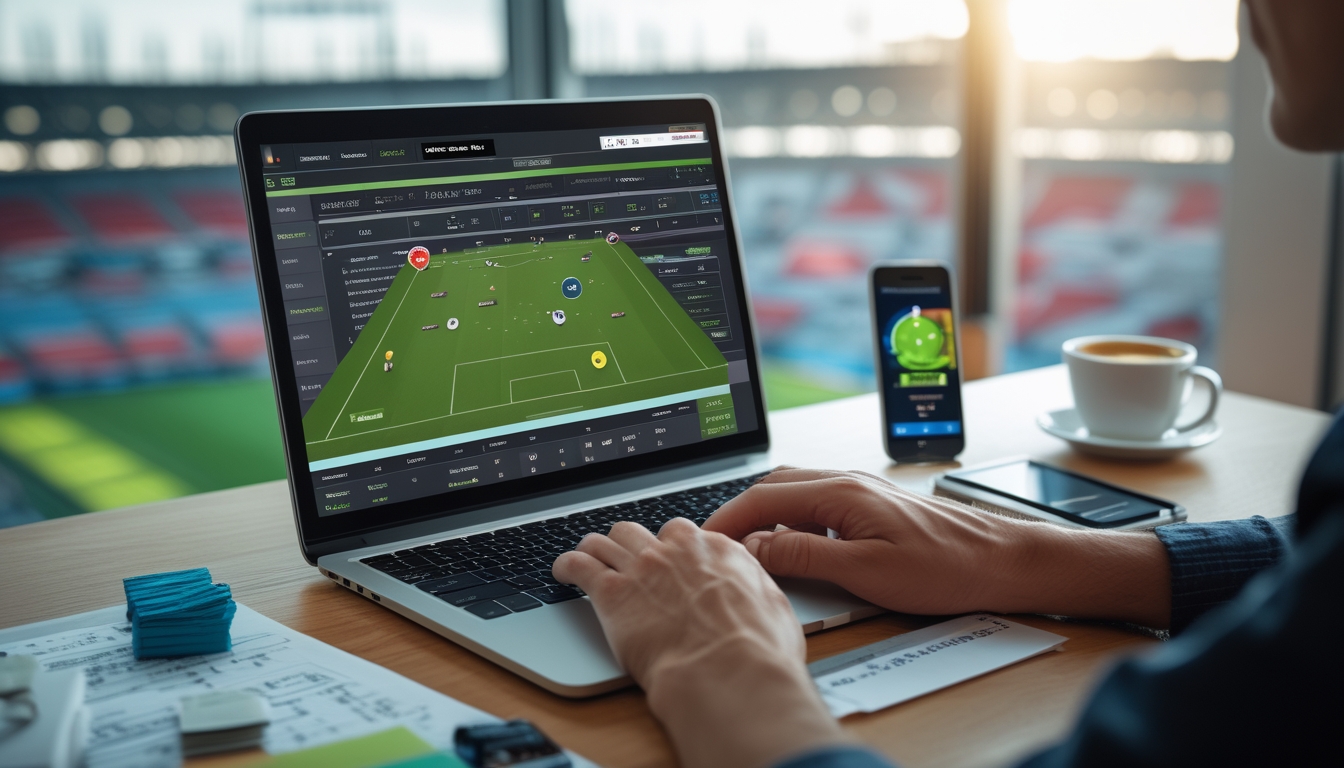 Seseorang menggunakan laptop dengan data taruhan sepak bola online di layar, dikelilingi catatan dan ponsel, dengan latar stadion sepak bola terlihat dari jendela.