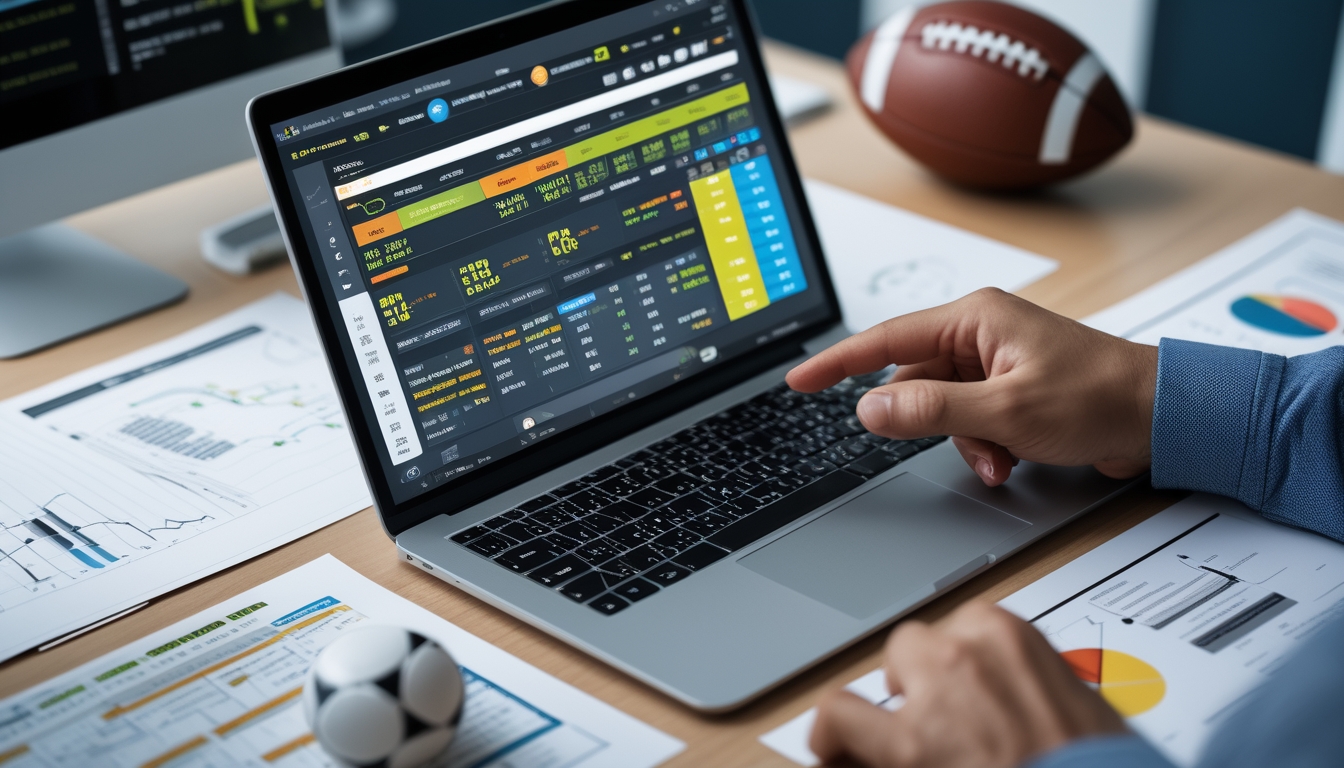 Sebuah meja kerja dengan laptop yang menampilkan data analisis odds sepak bola, tangan menunjuk layar, dan bola sepak di atas meja.