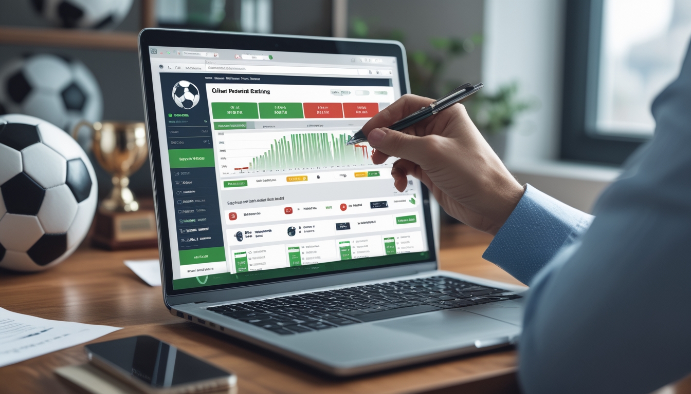 Seseorang sedang menganalisis data taruhan sepak bola online di depan laptop dengan bola sepak dan trofi kecil di meja.