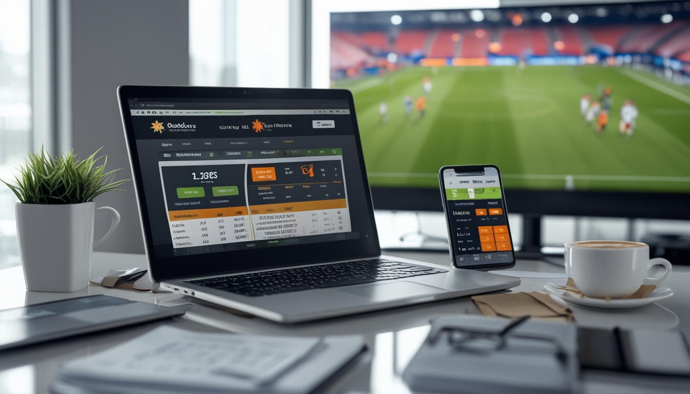 Meja kerja dengan laptop menampilkan situs taruhan sepak bola dan ponsel dengan pembaruan pertandingan sepak bola secara langsung.