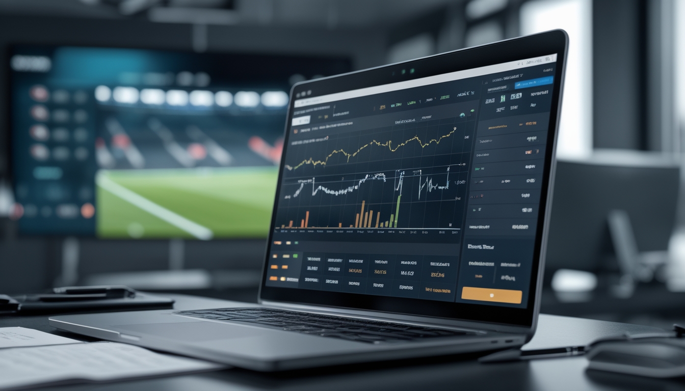 Meja kerja dengan laptop yang menampilkan grafik dan analisis taruhan sepak bola, dengan layar besar yang menampilkan pertandingan sepak bola di latar belakang.