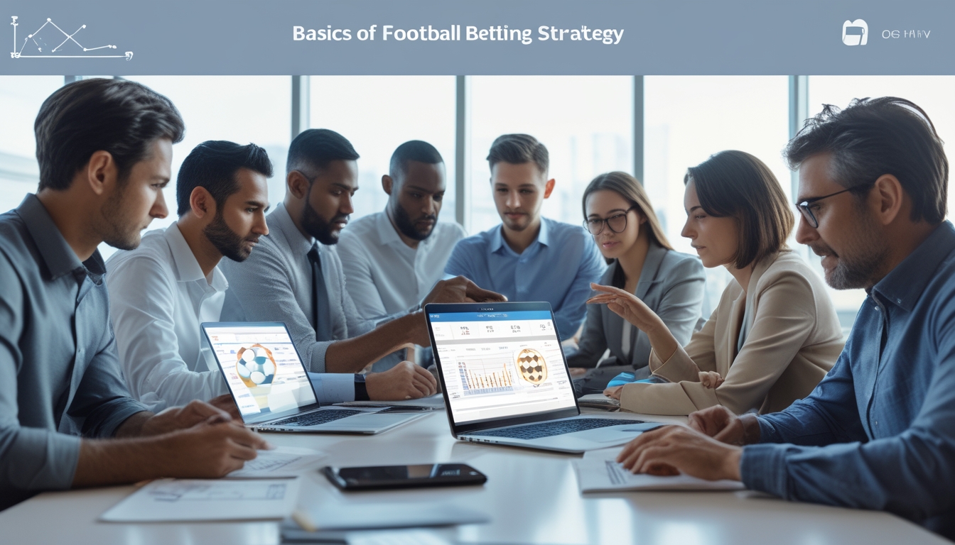 Sekelompok orang sedang menganalisis statistik dan peluang taruhan sepak bola di meja kantor dengan perangkat digital.