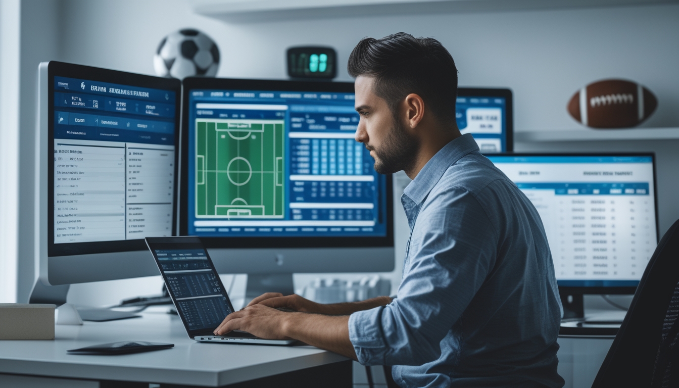 Seorang pria fokus duduk di meja dengan beberapa layar komputer menampilkan statistik pertandingan sepak bola dan grafik peluang taruhan.
