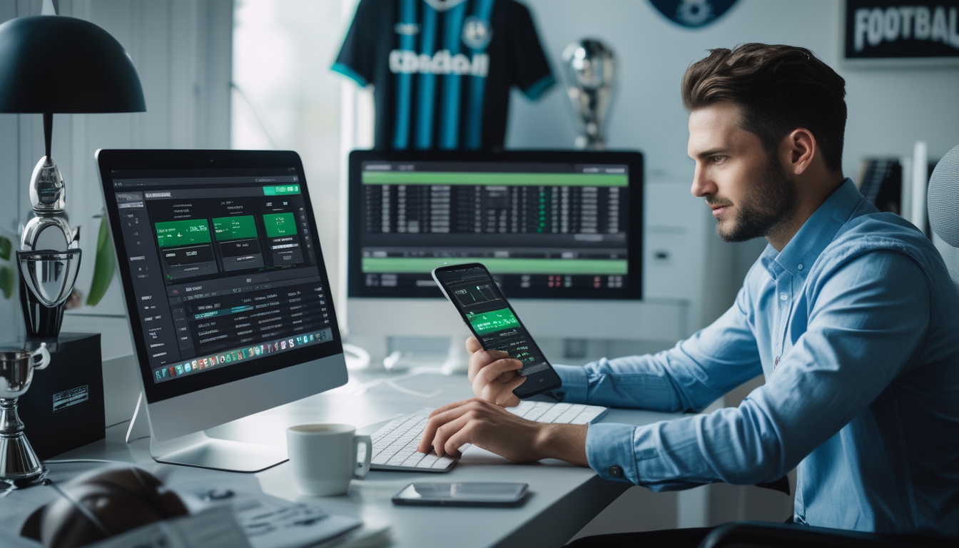 Seorang pria sedang menganalisis data peluang taruhan sepak bola online di depan beberapa perangkat digital di ruang kerja modern.