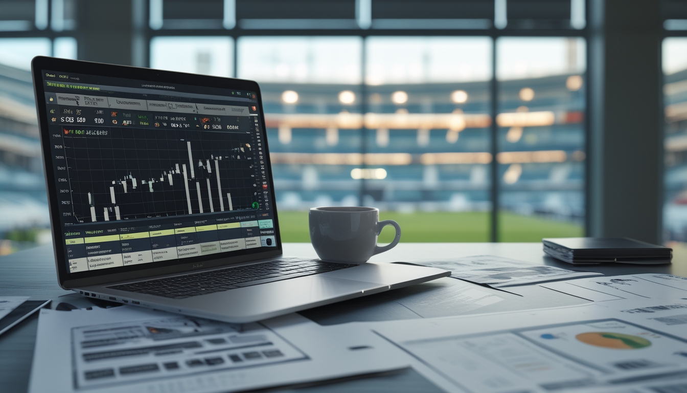 Meja kerja modern dengan laptop yang menampilkan grafik odds sepak bola, kertas data statistik, dan latar belakang stadion sepak bola yang samar.