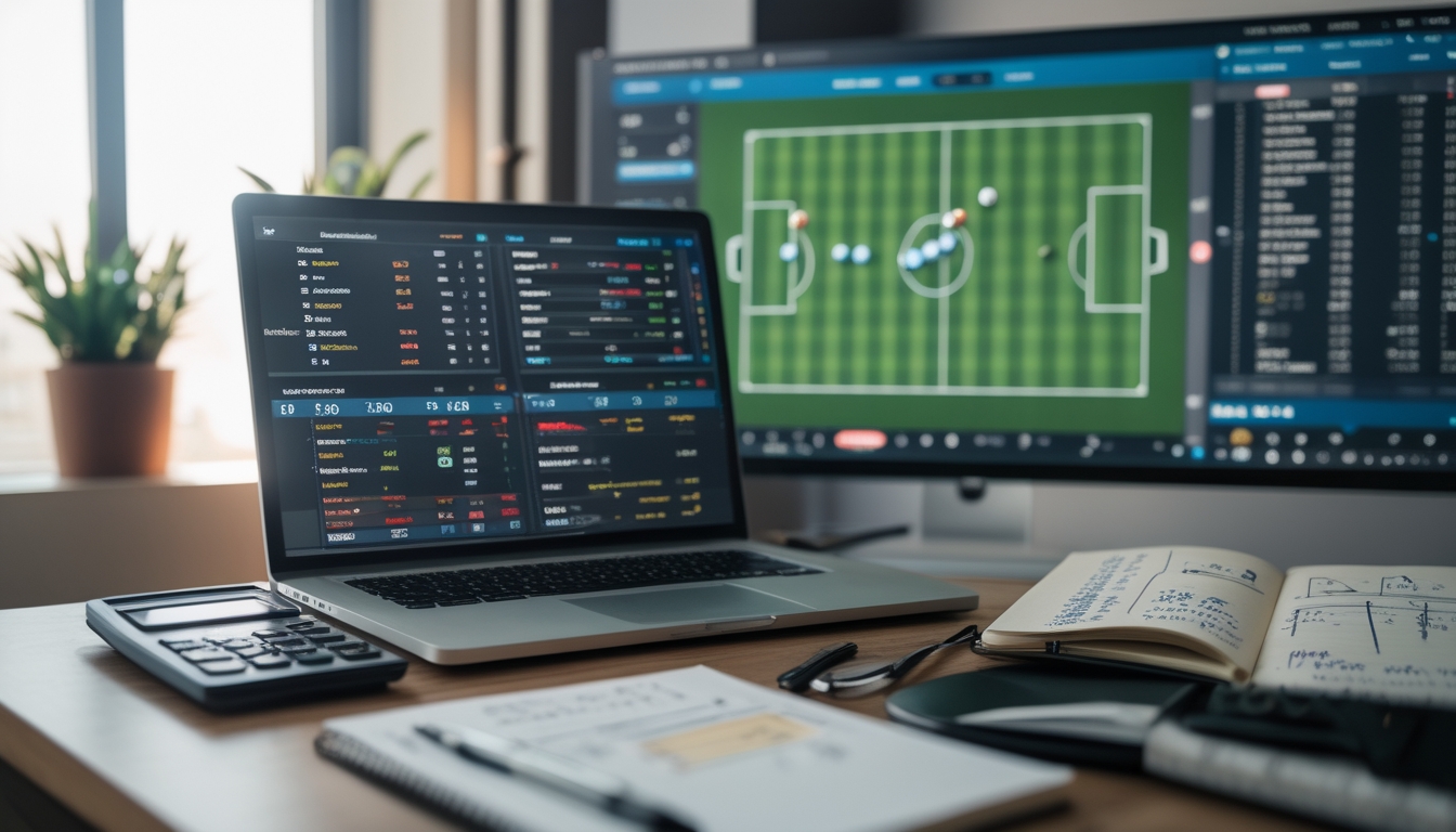 Meja kerja dengan laptop yang menampilkan statistik dan grafik odds sepak bola, dilengkapi kalkulator, buku catatan, dan layar digital dengan diagram lapangan sepak bola di latar belakang.