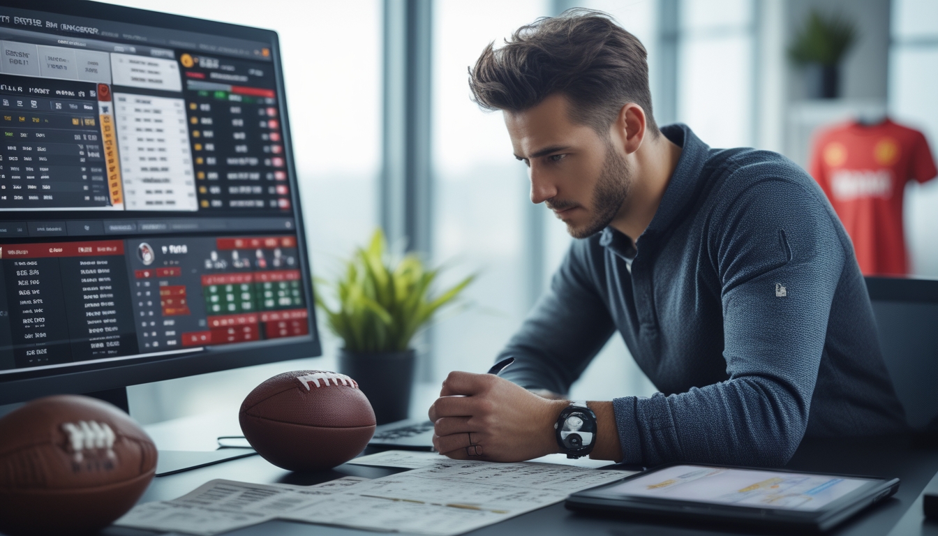 Seorang pria sedang menganalisis peluang taruhan sepak bola menggunakan laptop di kantor modern.