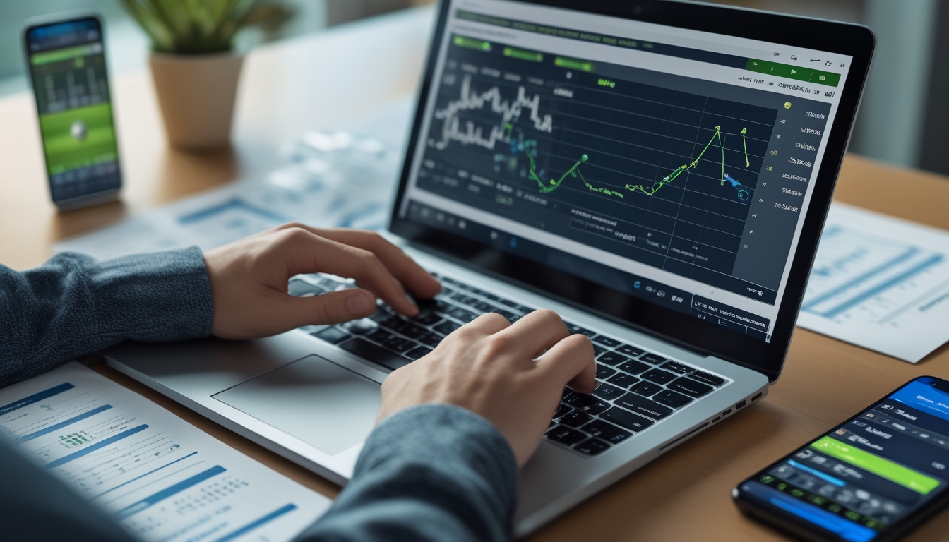 Seseorang sedang bekerja dengan laptop yang menampilkan grafik dan data analisis odds sepak bola online di meja kerja.