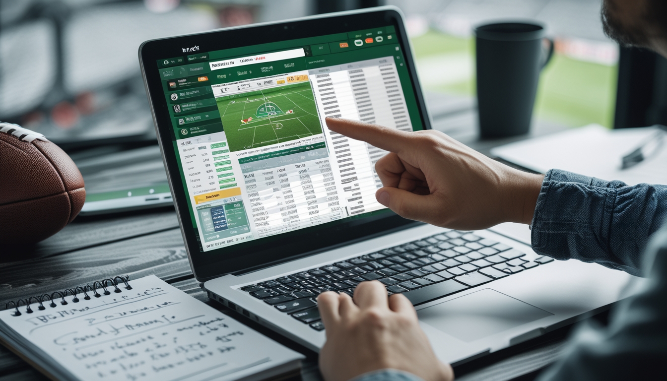 Seseorang sedang menganalisis data odds judi sepak bola online di depan laptop dengan alat tulis dan ponsel di meja kerja.