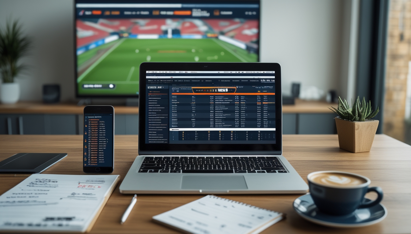 Seorang pria sedang menganalisis statistik dan peluang taruhan sepak bola di laptop dengan pertandingan sepak bola sedang tayang di layar televisi di latar belakang.