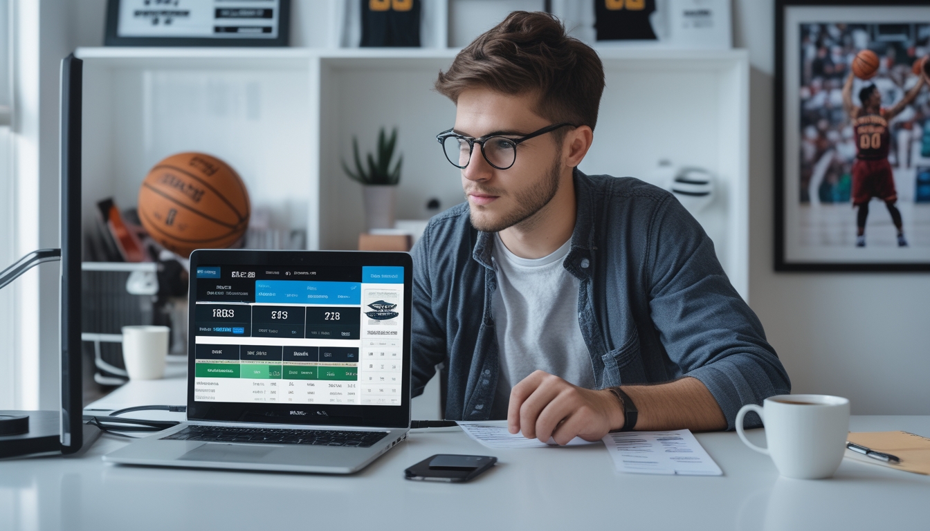 Seorang pria muda duduk di meja dengan laptop, menganalisis statistik dan peluang taruhan NBA secara online di ruang kerja yang terang dan rapi.
